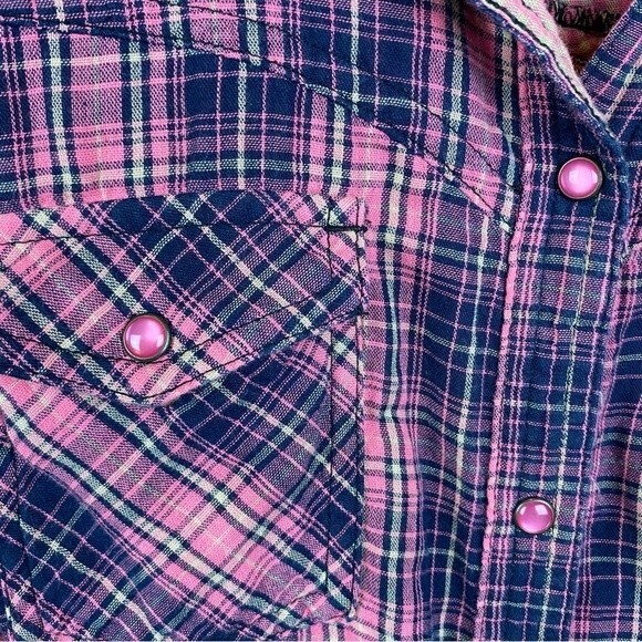 Bit & Bridle Pink & Blue Pearl Snap Long Sleeve Rodeo Plaid Gingham Top L - Picture 4 of 6
